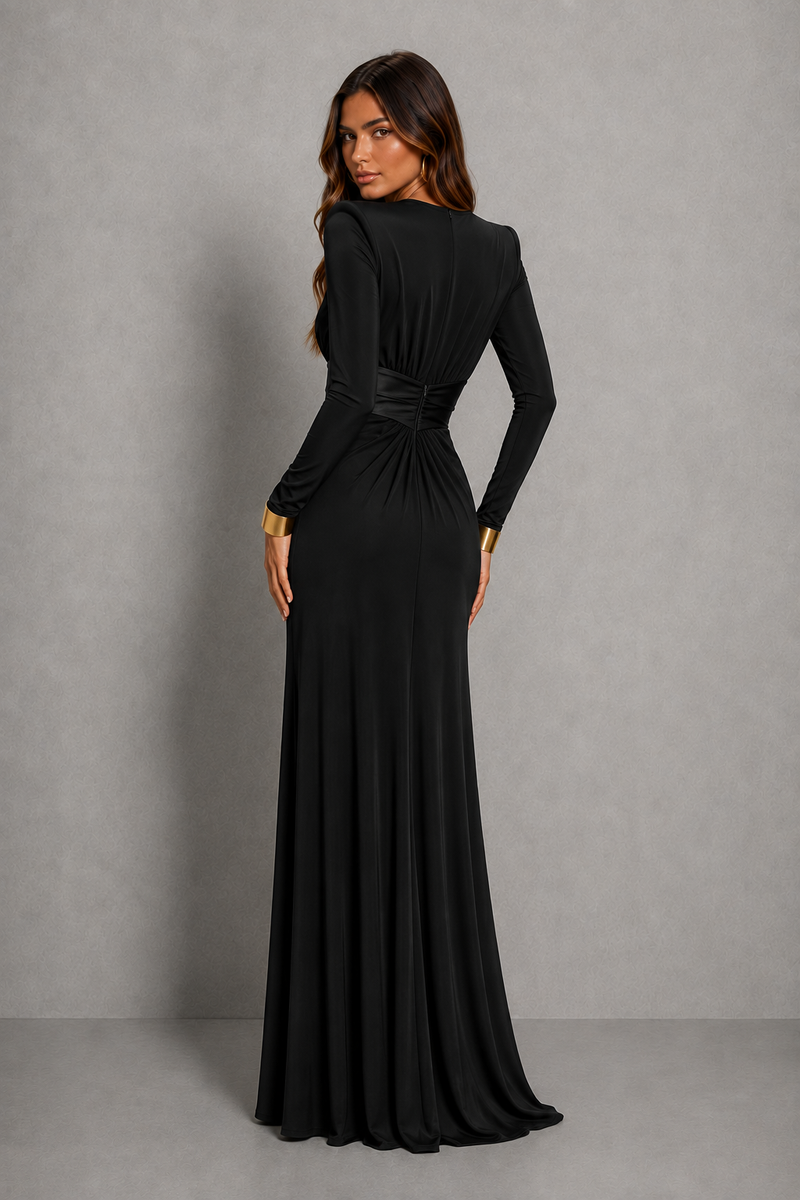 Women’s Long Sleeve Maxi Dress with Plunge Neck & Split Detail for Evening Wear