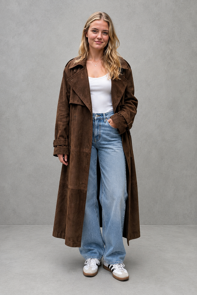 Women's long velvet trench coat in a luxurious soft velvet fabric with a longline silhouette, adjustable belted waist and elegant tailored fit, ideal for autumn and winter occasions.