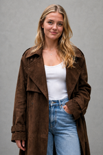 Women's long velvet trench coat in a luxurious soft velvet fabric with a longline silhouette, adjustable belted waist and elegant tailored fit, ideal for autumn and winter occasions.