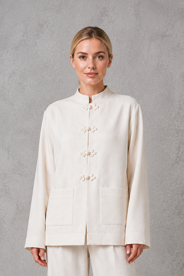 Women's white mandarin collar tailored jacket with a relaxed fit, clean front fastening and structured silhouette, ideal for smart casual, office and formal wear.