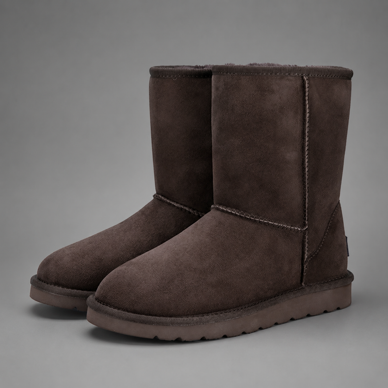 Women's mid-calf faux sheepskin winter boots with a soft cotton upper, corduroy shaft, plush lining, round toe and lightweight flat sole in a slip-on design for warm everyday winter comfort.