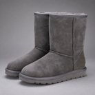 Women's mid-calf faux sheepskin winter boots with a soft cotton upper, corduroy shaft, plush lining, round toe and lightweight flat sole in a slip-on design for warm everyday winter comfort.