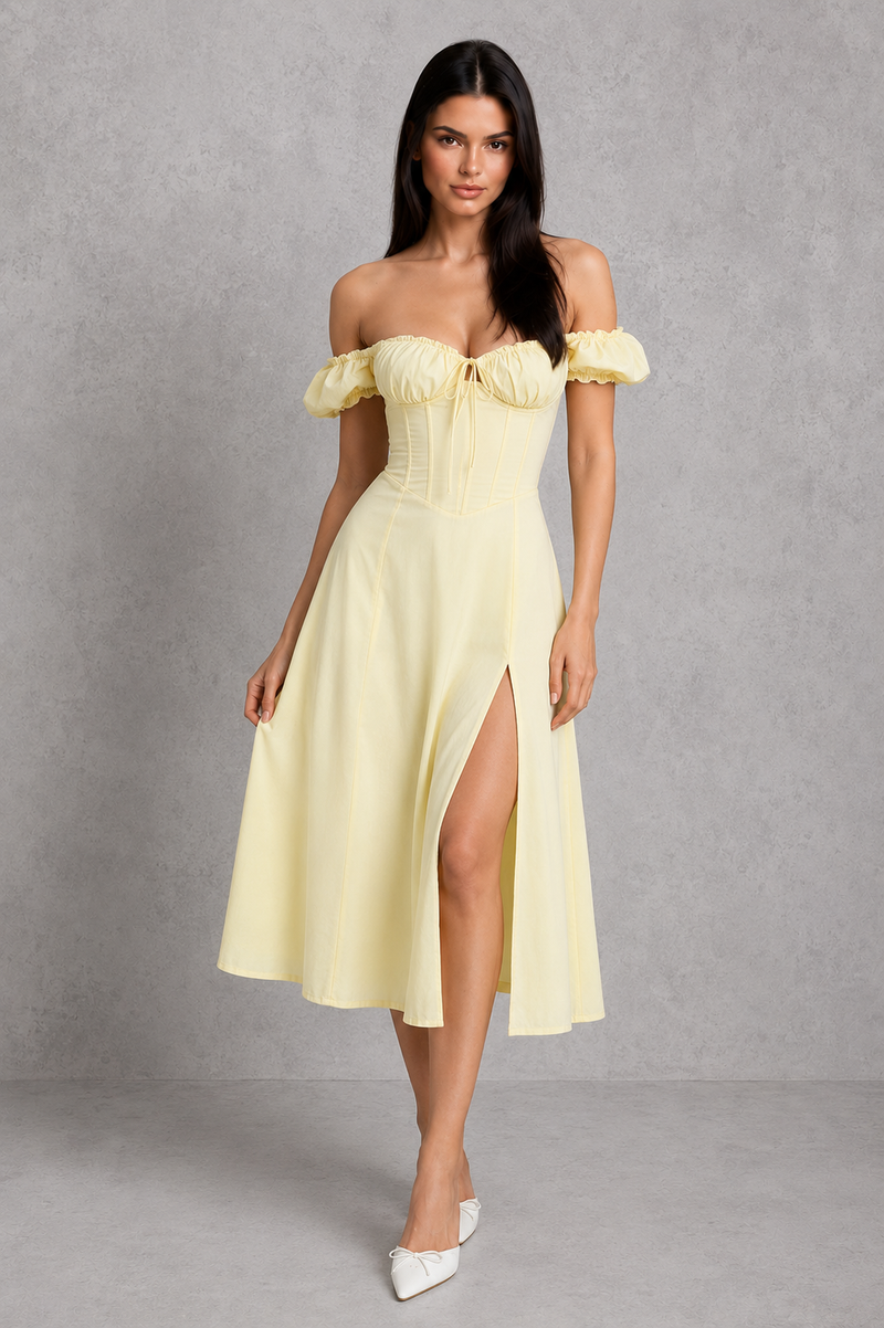 Women’s Milkmaid Midi Dress with Corset Bodice & Split Detail for Parties & Special Occasions