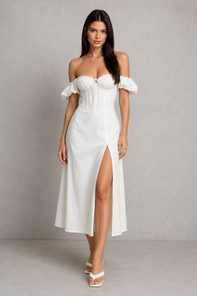 Woman wearing a white off-shoulder dress with a slit on a plain background