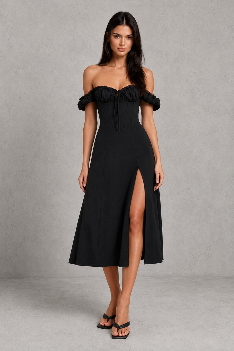 Women’s Milkmaid Midi Dress with Corset Bodice & Split Detail for Parties & Special Occasions