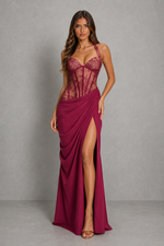 Women's Lace Corset Maxi Dress - Halter Neck Wedding Guest & Evening Dress