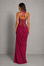 Women's Lace Corset Maxi Dress - Halter Neck Wedding Guest & Evening Dress