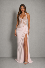 Women's Lace Corset Maxi Dress - Halter Neck Wedding Guest & Evening Dress