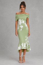 Women’s Off-Shoulder Floral Midi Dress for Wedding & Summer Occasion Wear