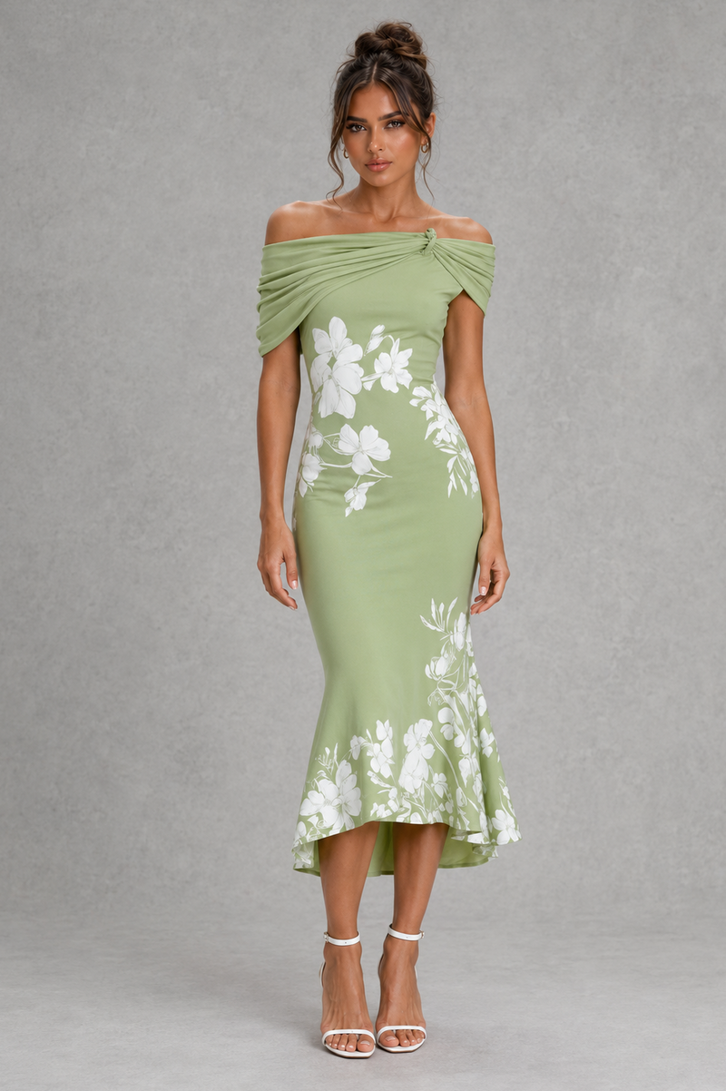 Women’s Off-Shoulder Floral Midi Dress for Wedding & Summer Occasion Wear