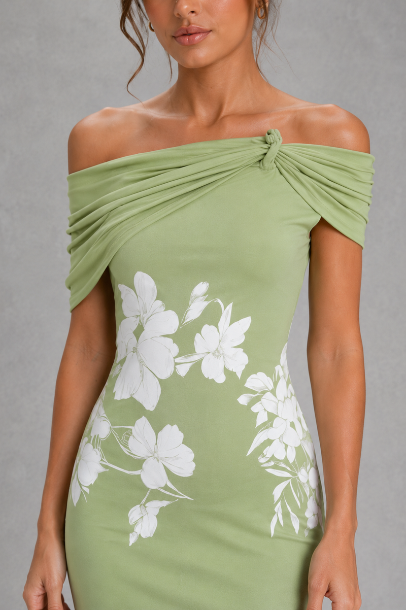 Women’s Off-Shoulder Floral Midi Dress for Wedding & Summer Occasion Wear