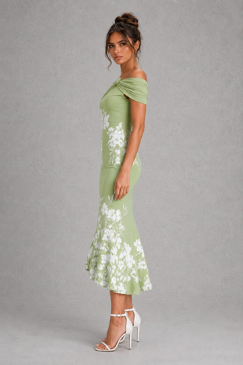 Women’s Off-Shoulder Floral Midi Dress for Wedding & Summer Occasion Wear