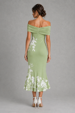 Women’s Off-Shoulder Floral Midi Dress for Wedding & Summer Occasion Wear
