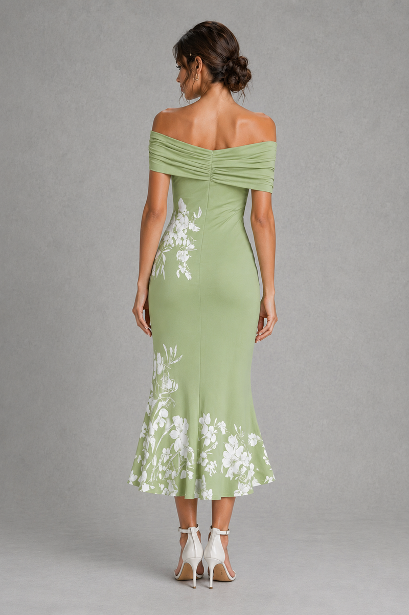 Women’s Off-Shoulder Floral Midi Dress for Wedding & Summer Occasion Wear
