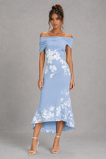 Women’s Off-Shoulder Floral Midi Dress for Wedding & Summer Occasion Wear
