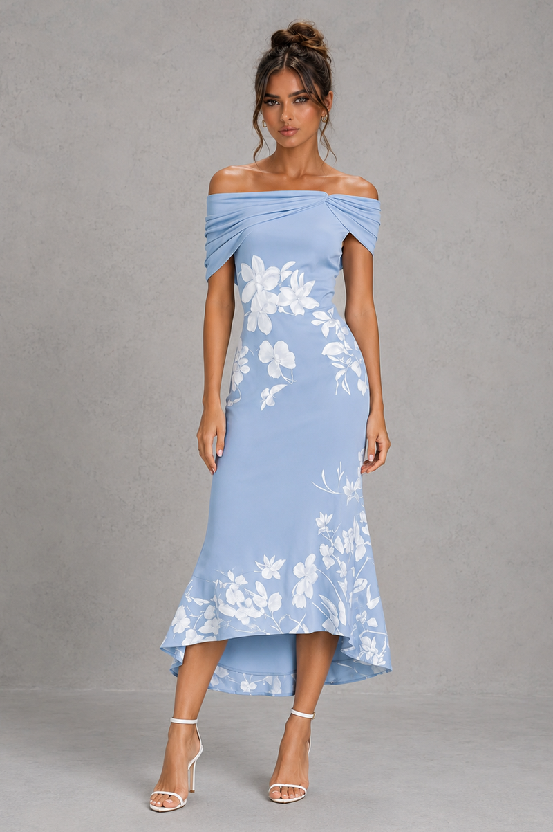 Women’s Off-Shoulder Floral Midi Dress for Wedding & Summer Occasion Wear