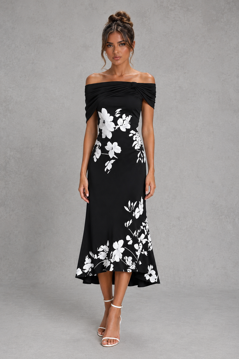 Women’s Off-Shoulder Floral Midi Dress for Wedding & Summer Occasion Wear