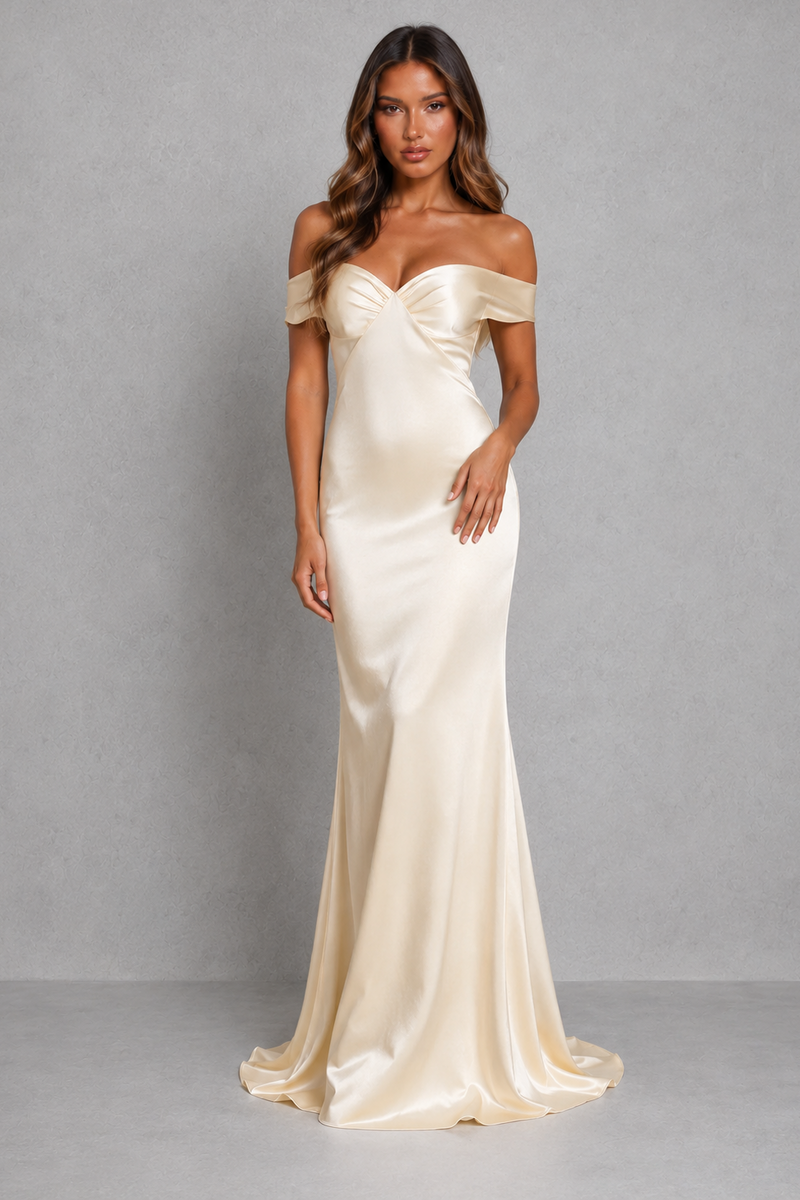 Women’s Off Shoulder Satin Maxi Dress for Wedding, Evening & Formal Occasion Wear