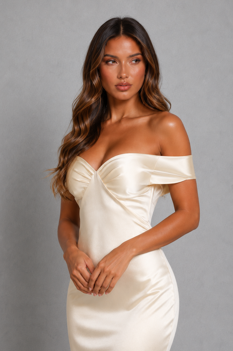 A woman modeling an off-the-shoulder champagne satin dress against a neutral gray studio background.