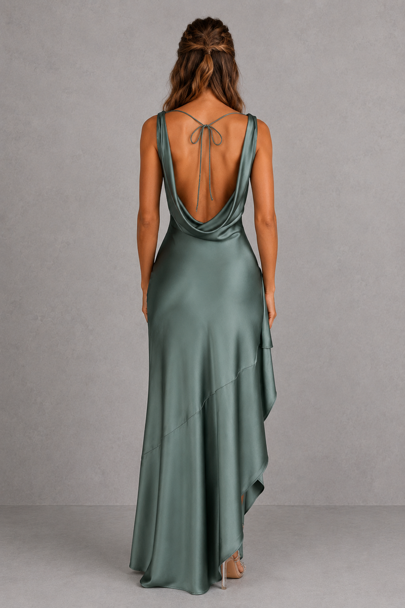Woman wearing a green evening gown with a open back against a gray background