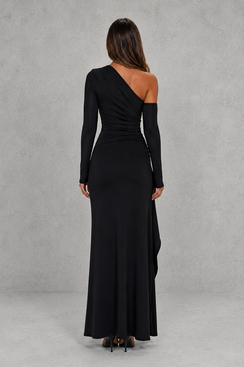Black one-shoulder evening gown on a gray background