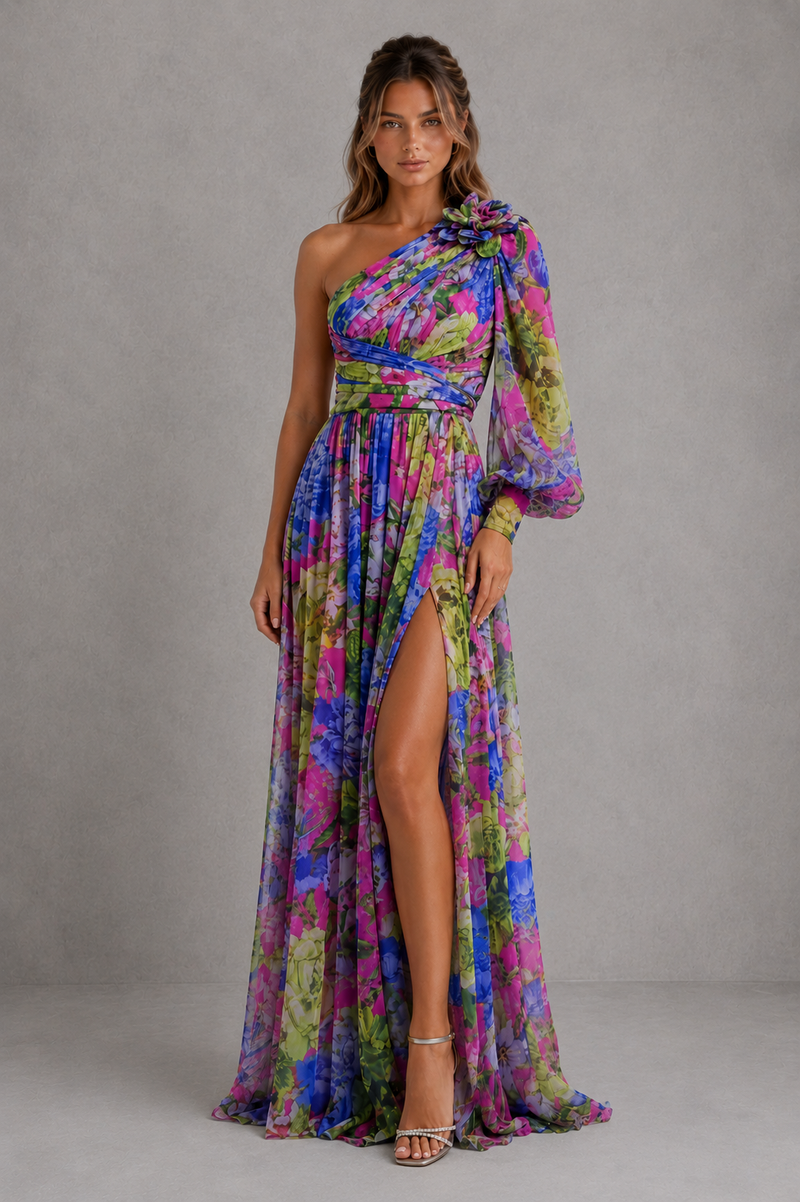Woman wearing a colorful one-shoulder dress with a slit on a gray background