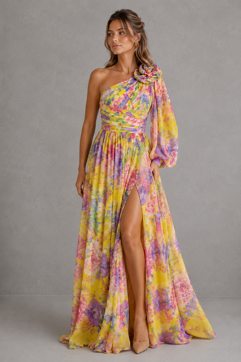 Woman wearing a colorful floral one-shoulder dress on a gray background