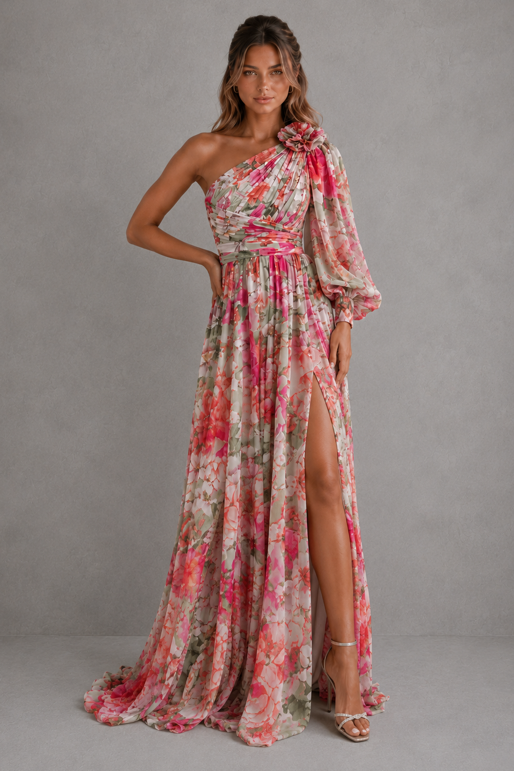 Woman wearing a floral one-shoulder dress with a slit on a gray background