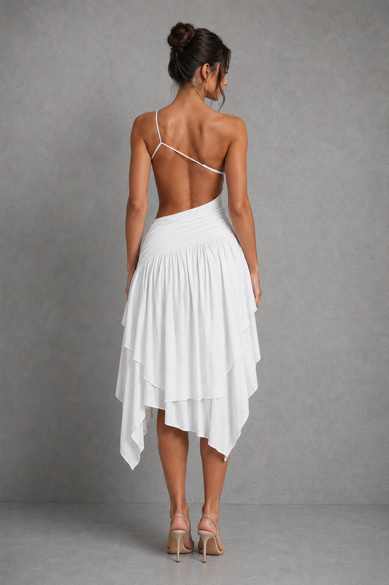 Women’s One Shoulder Midi Dress with Asymmetric Hem for Wedding, Evening & Formal Wear