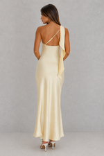 Women’s One Shoulder Satin Maxi Dress with Ruffle Detail for Wedding, Evening & Formal Wear