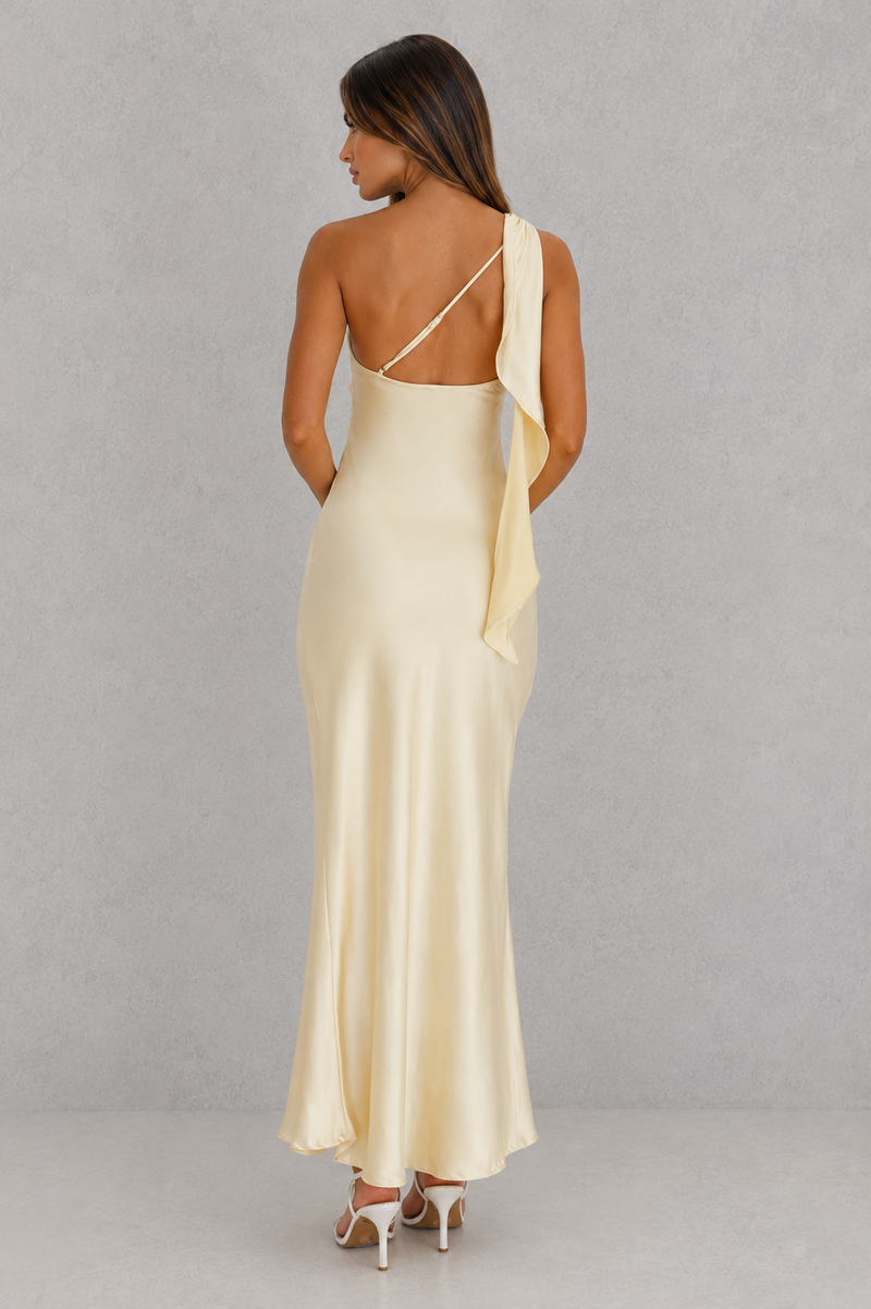 Women’s One Shoulder Satin Maxi Dress with Ruffle Detail for Wedding, Evening & Formal Wear