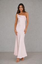 Women’s One Shoulder Satin Maxi Dress with Ruffle Detail for Wedding, Evening & Formal Wear