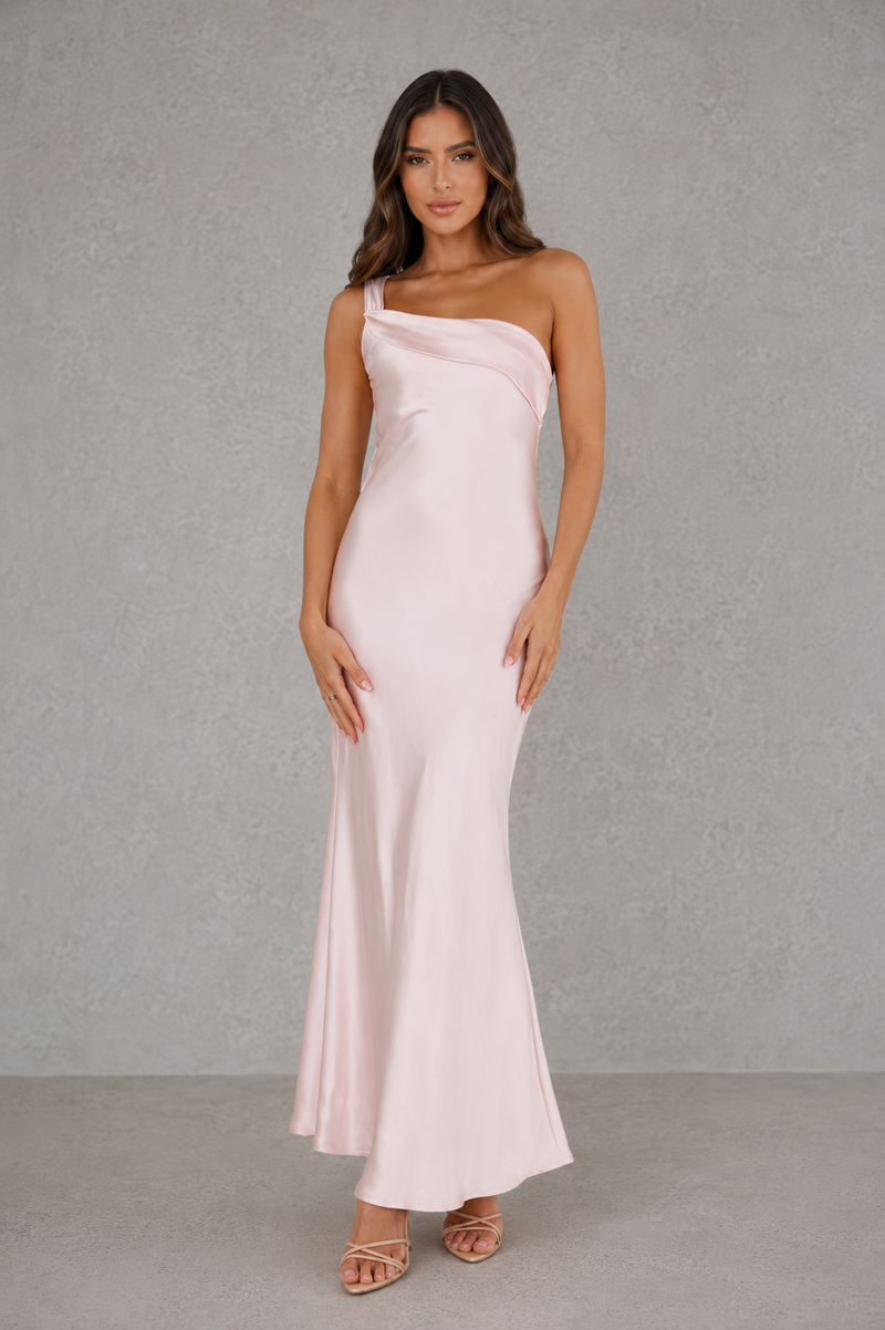 Women’s One Shoulder Satin Maxi Dress with Ruffle Detail for Wedding, Evening & Formal Wear