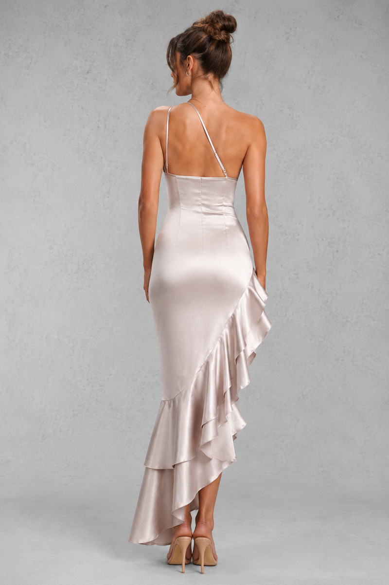 Women’s One Shoulder Satin Maxi Dress with Ruffle Hem for Evening & Formal Wear