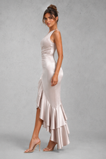 Women’s One Shoulder Satin Maxi Dress with Ruffle Hem for Evening & Formal Wear