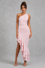 Women’s One Shoulder Satin Maxi Dress with Ruffle Hem for Evening & Formal Wear