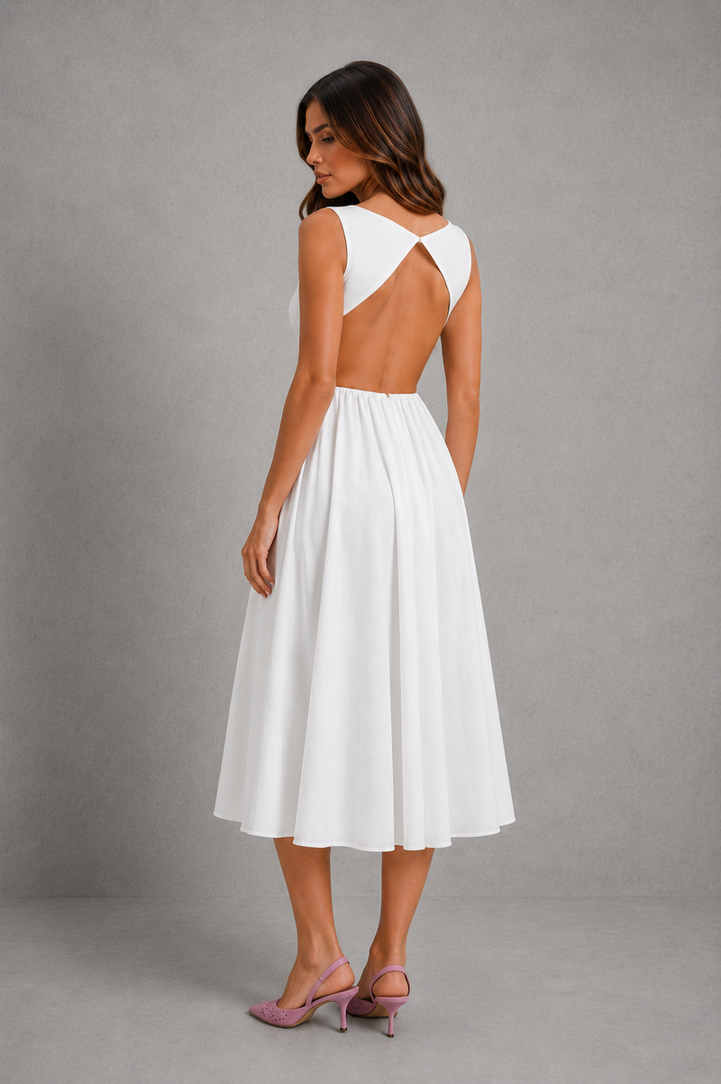 Women’s Open Back Midi Dress with A-Line Skirt for Wedding & Evening Wear