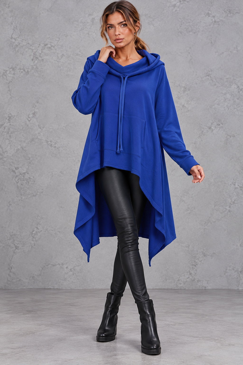Women's blue oversized hoodie with asymmetric hanky hem – front view