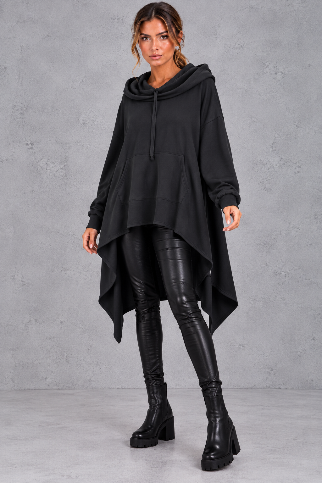 Women's black oversized hoodie with asymmetric hanky hem – front view