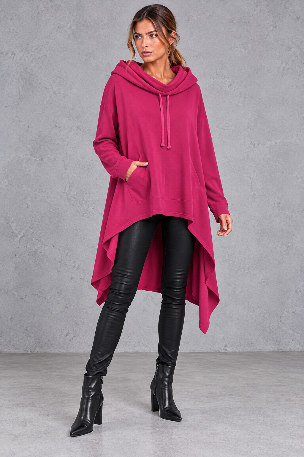 Women's rose purple oversized hoodie with asymmetric hanky hem – front view
