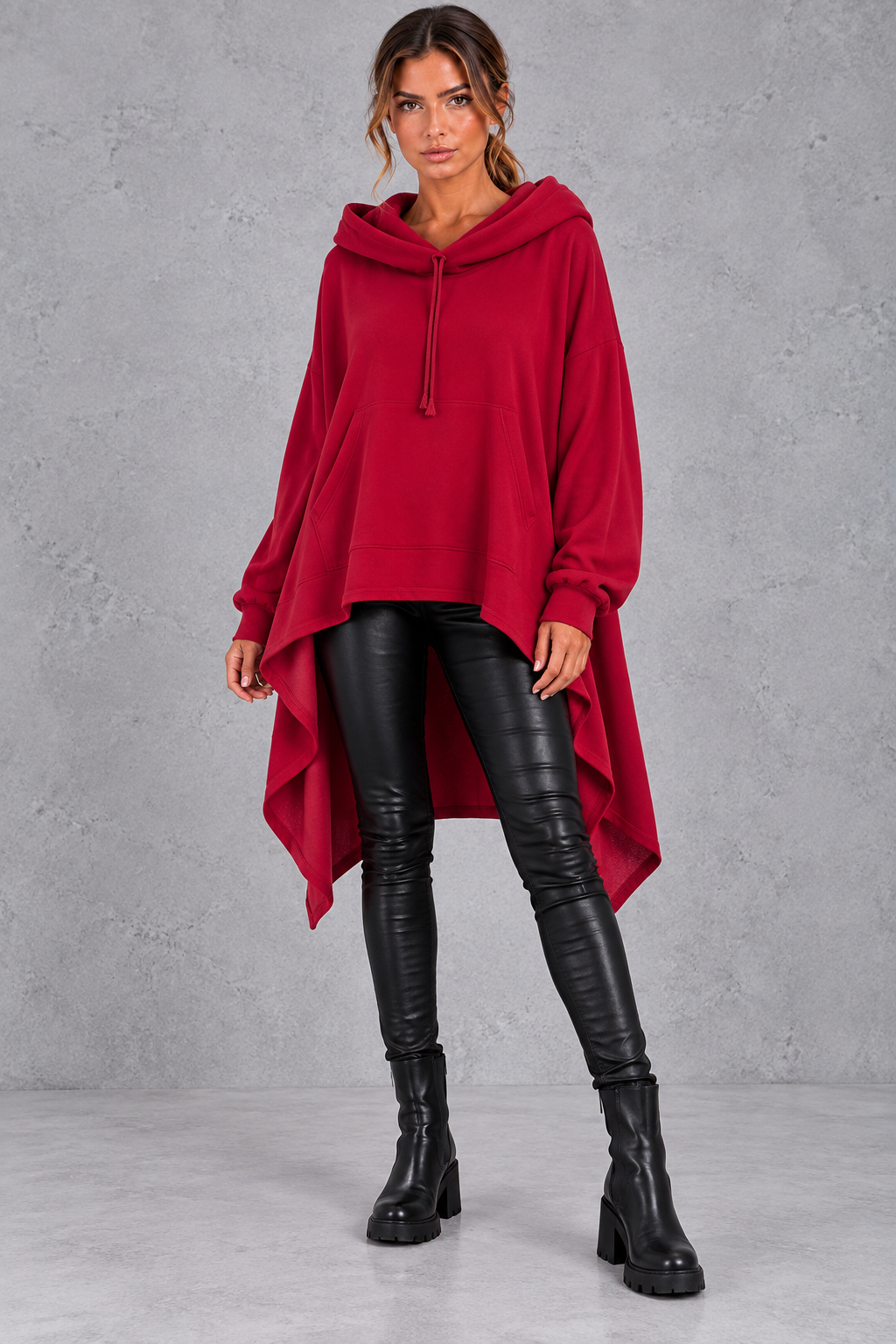 Women's burgundy oversized hoodie with asymmetric hanky hem – front view