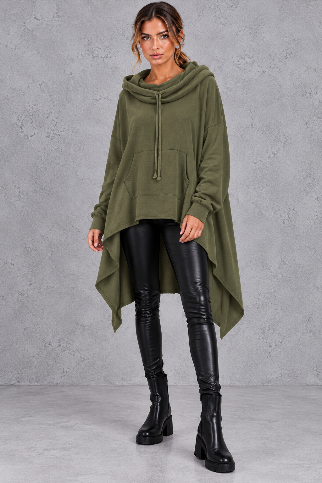 Women's army green oversized hoodie with asymmetric hanky hem – front view