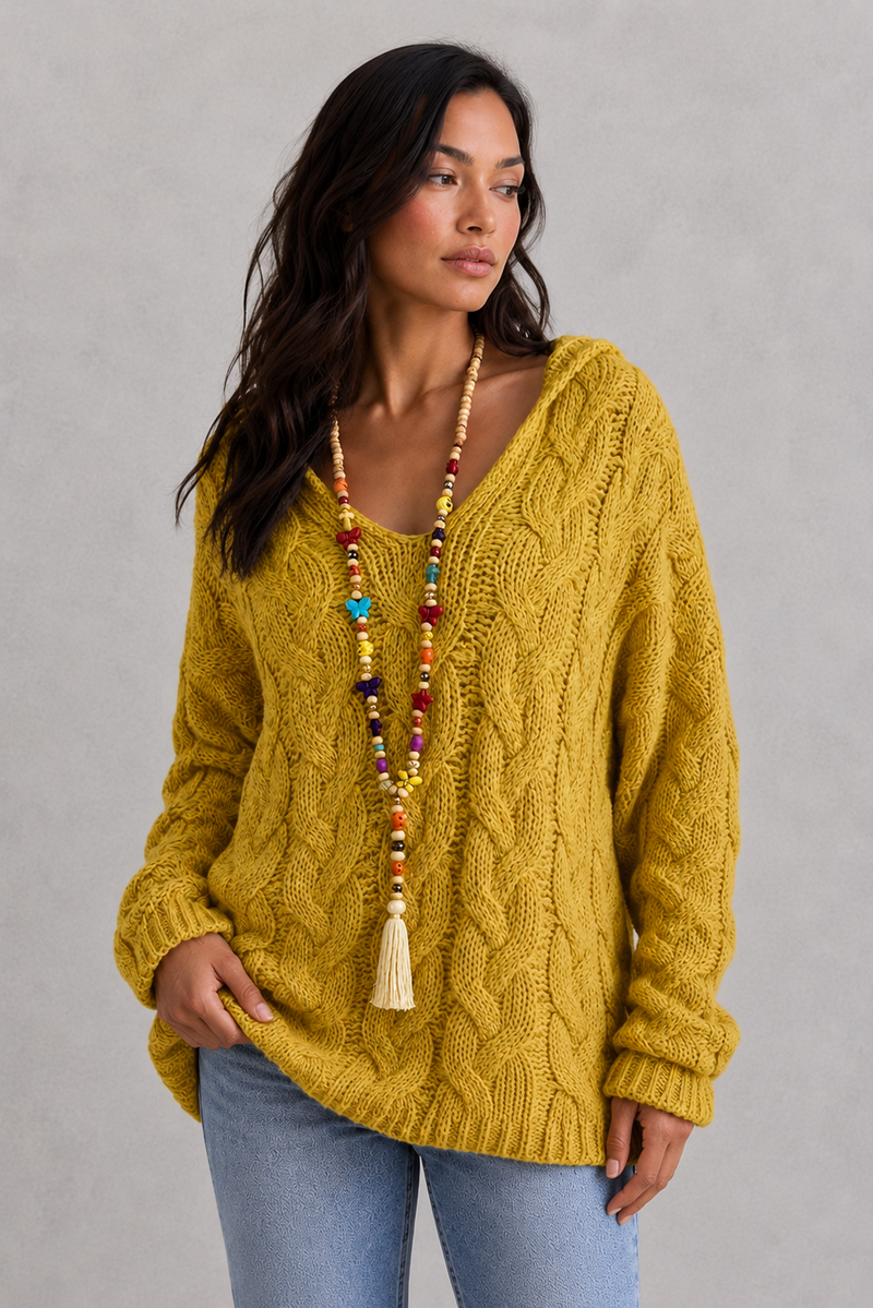 Women’s Oversized Knitted Hoodie - Relaxed Fit Cable Knit Jumper