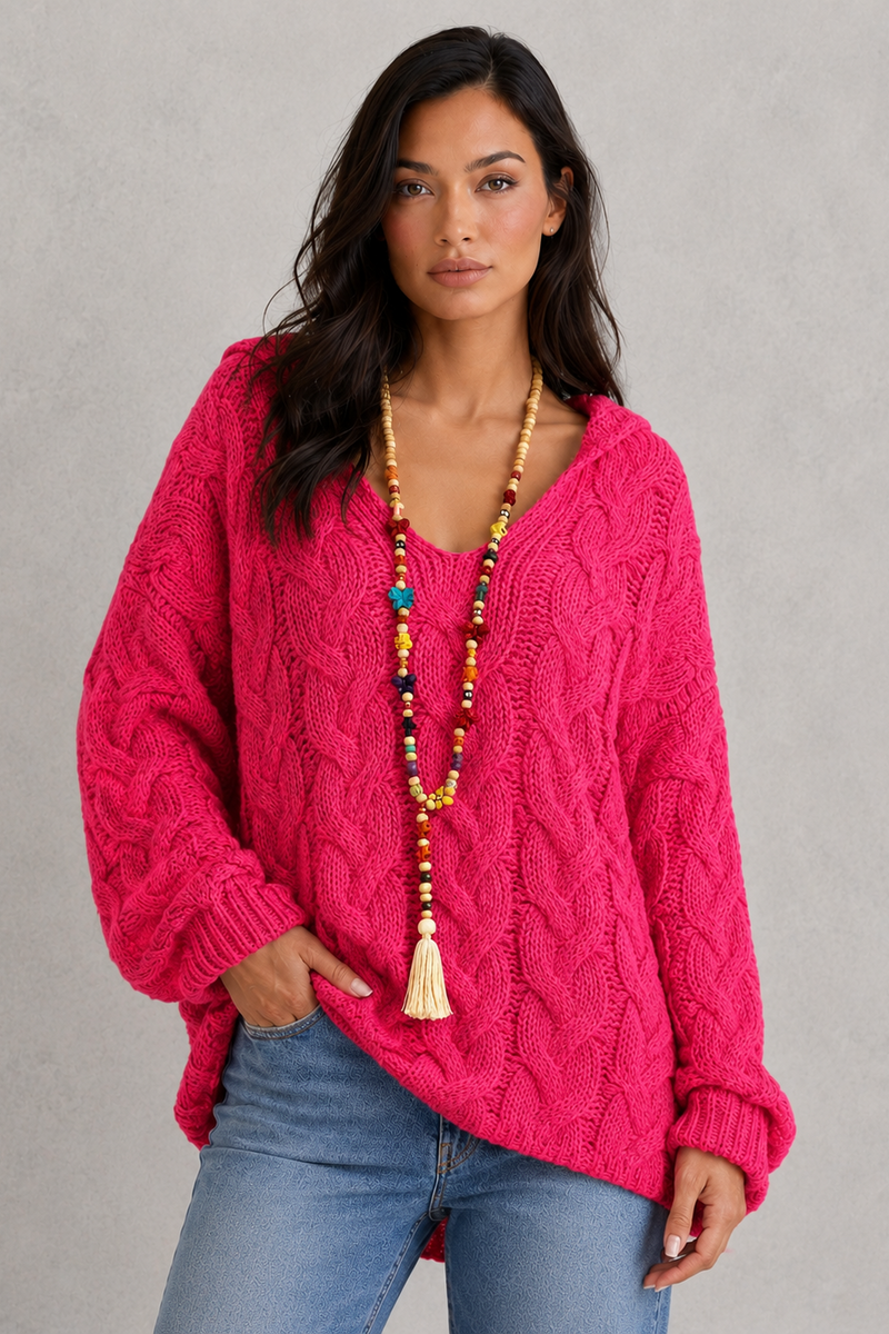Women’s Oversized Knitted Hoodie - Relaxed Fit Cable Knit Jumper