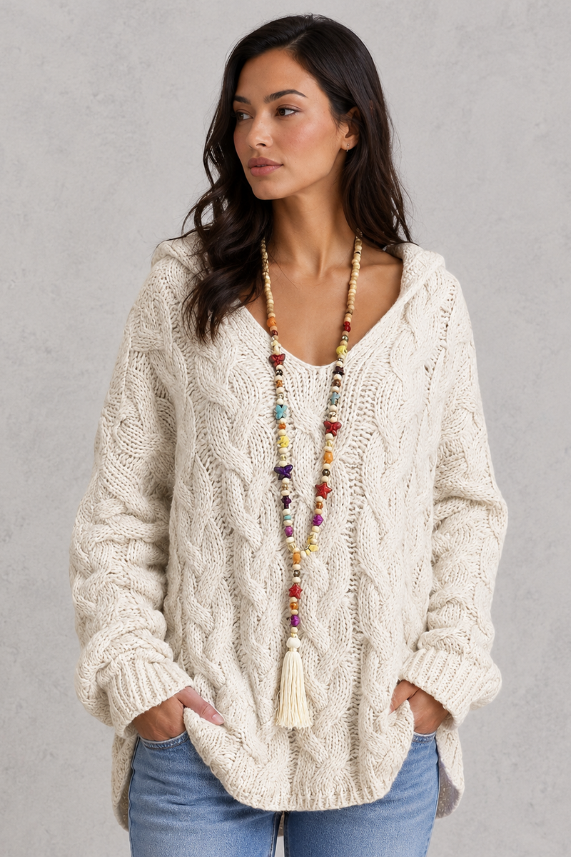 Women’s Oversized Knitted Hoodie - Relaxed Fit Cable Knit Jumper