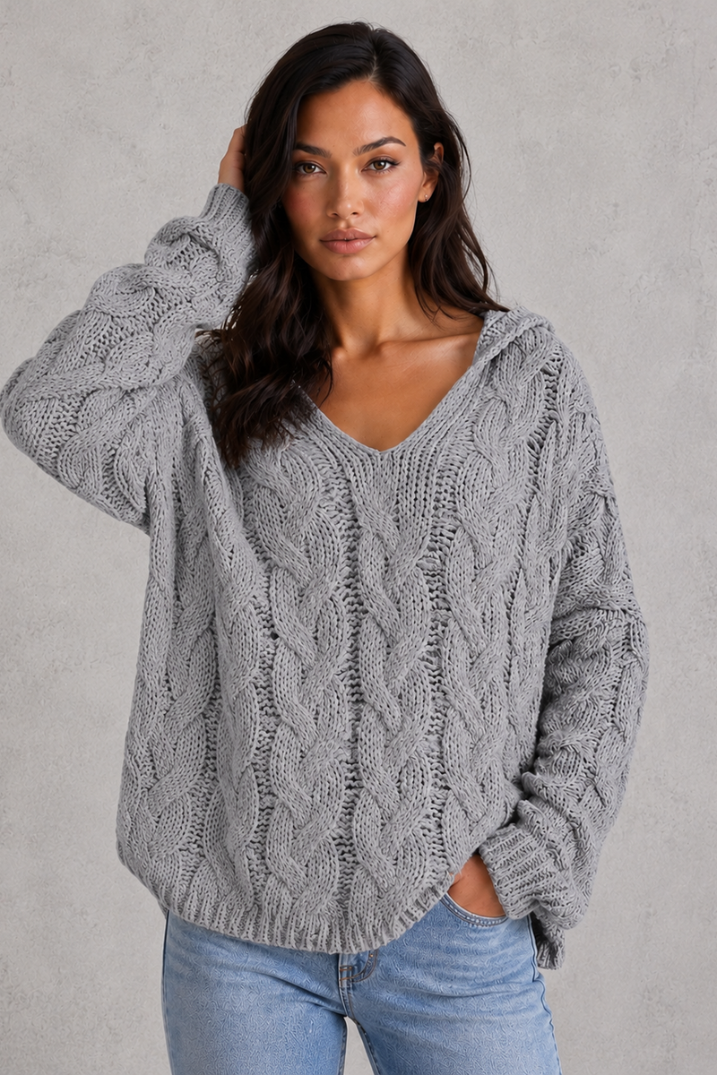 Women’s Oversized Knitted Hoodie - Relaxed Fit Cable Knit Jumper
