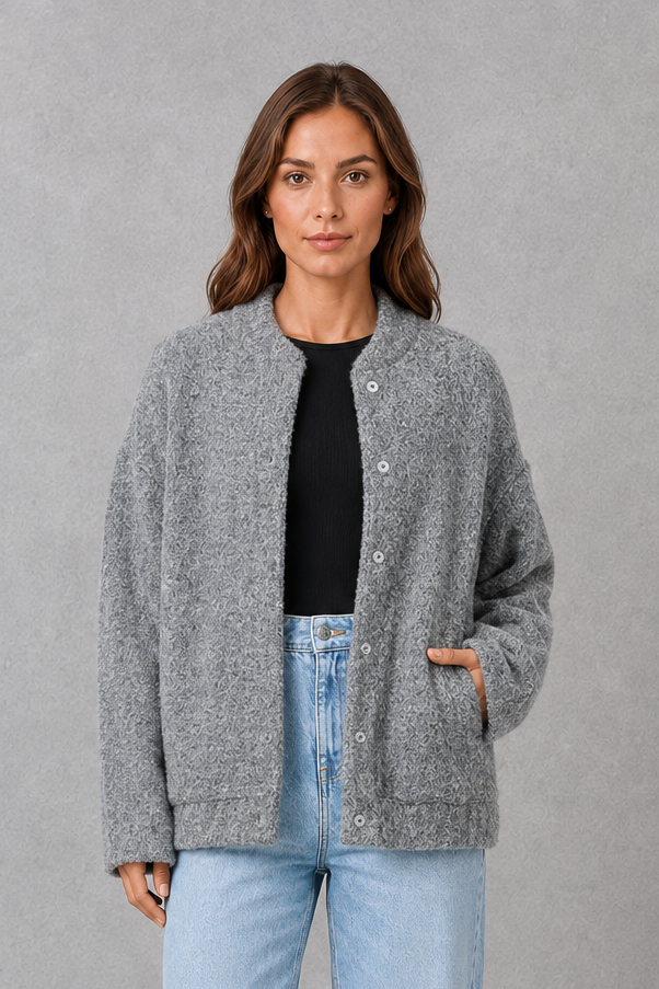 Women’s Alira oversized open-front jacket with a relaxed silhouette and soft, cosy finish, ideal for effortless smart-casual layering.