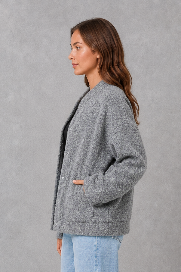 Women’s Alira oversized open-front jacket with a relaxed silhouette and soft, cosy finish, ideal for effortless smart-casual layering.
