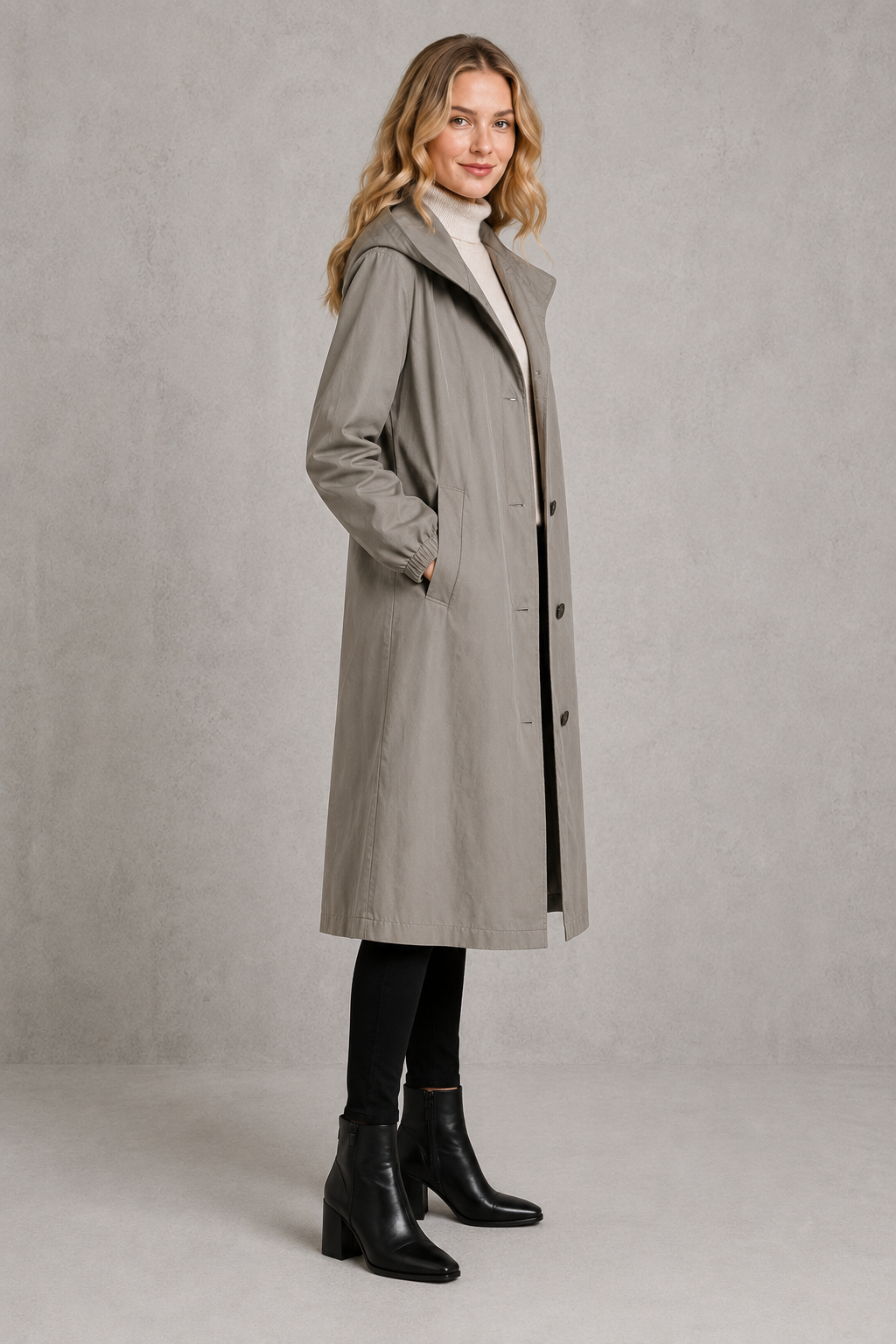 Women's oversized waterproof trench coat with a longline silhouette, adjustable drawstring hood, elasticated cuffs and lightweight water-repellent fabric, ideal for rainy weather and everyday wear.