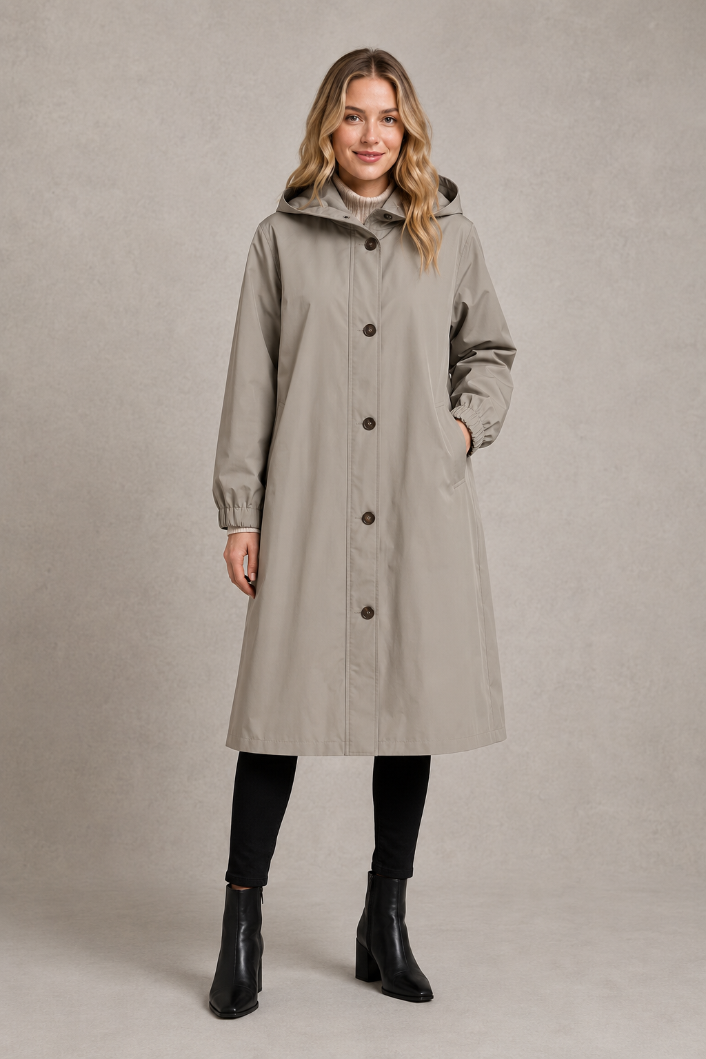 Women's oversized waterproof trench coat with a longline silhouette, adjustable drawstring hood, elasticated cuffs and lightweight water-repellent fabric, ideal for rainy weather and everyday wear.